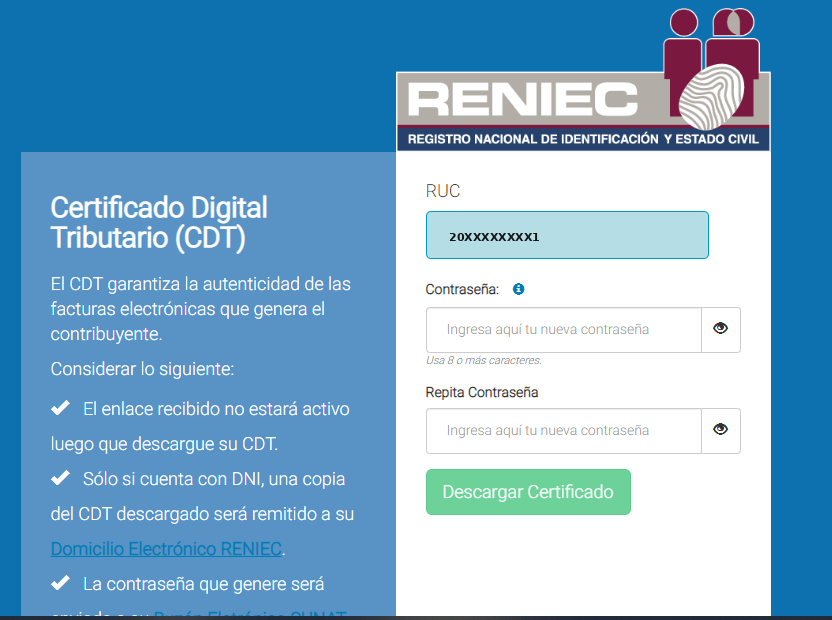 Paso 11 — Pantalla RENIEC para descargar el certificado con contraseña nueva