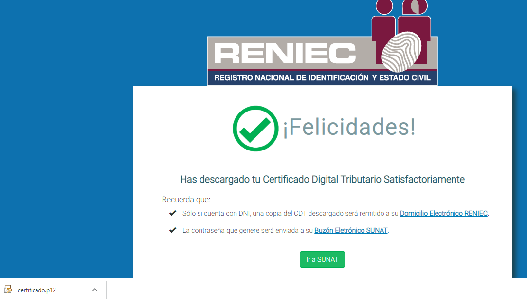 Paso 12 — Confirmación de descarga del certificado.p12