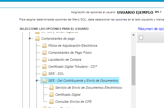 SEE - Del Contribuyente y Envío de Documentos seleccionado en el árbol