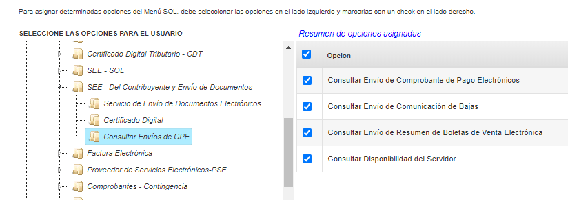 Consultar Envíos de CPE con 4 sub-opciones marcadas
